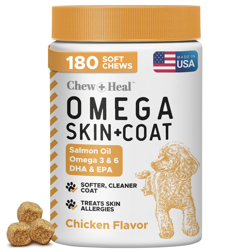 Olio di salmone per cani - 180 Trattamenti Omega Mastica morbida per pelle e cappotto - Fish Oil Blend di acidi grassi essenziali, Omega 3 e 6, vitamine, antiossidanti e minerali - Made in USA