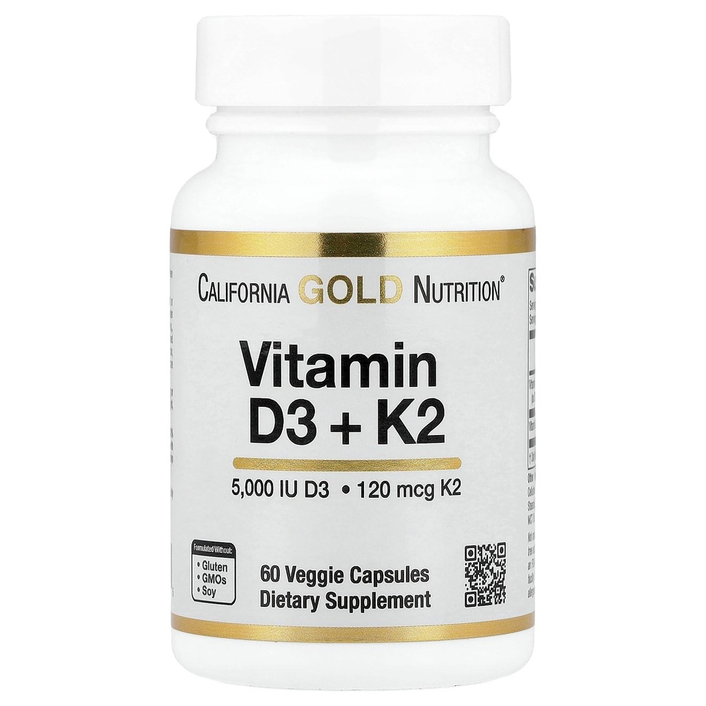 California Gold Nutrition Vitamin D3 + K2 as MK-7, 60 Veggie Capsules