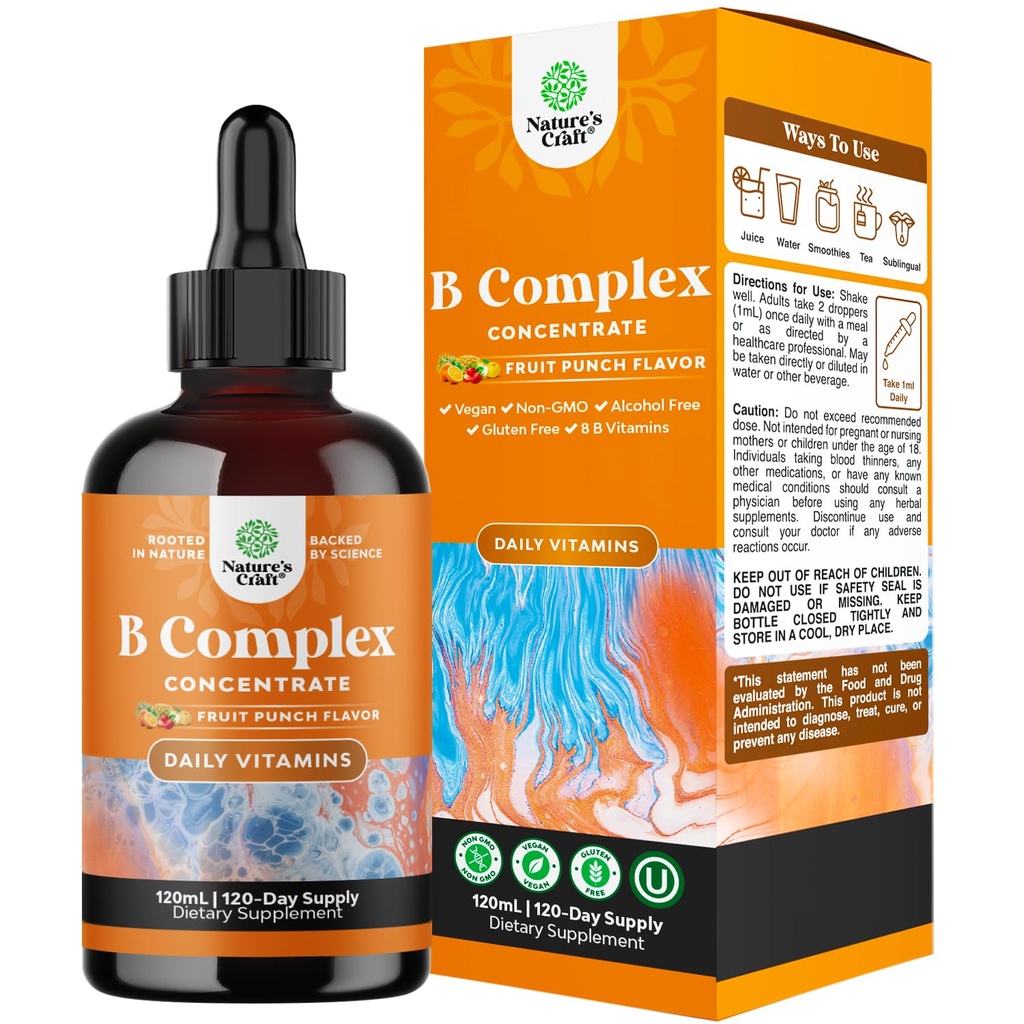 Vegan Vitamin B Complex Liquid - 9-in-1 Liquid B Complex Vitamins for Women & Men with B1 B2 B3 B5 B6 B7 Folate Methyl B12 Plus Vitamin C - Super Concentrated Non GMO & Naturally Flavored - 4Fl Oz