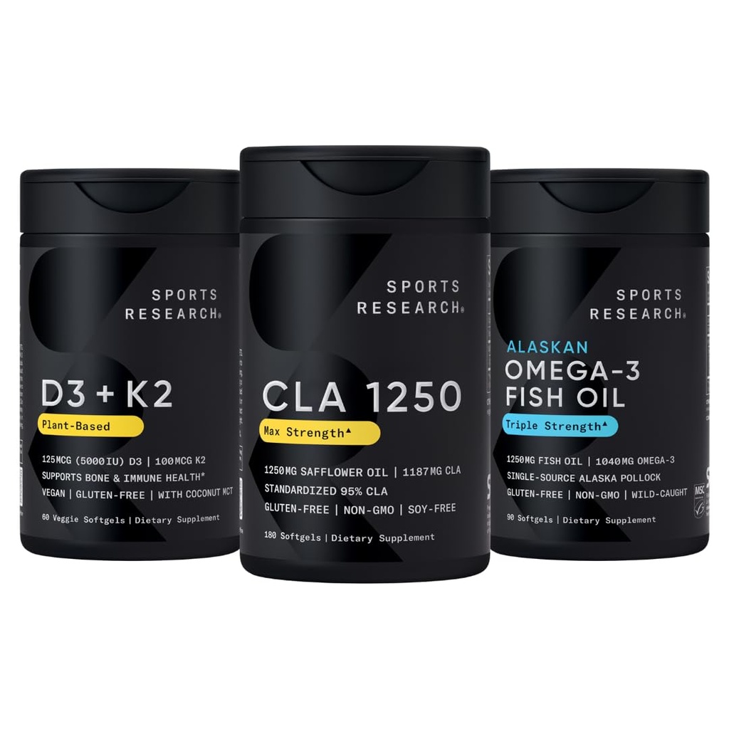 Sports Research® Multivitamin Pack - CLA 1250mg Derived from Safflower Oil, Vitamin D3 5000iu + K2 100mcg, and Alaskan Omega-3 Fish Oil 1250mg · Non-GMO · Gluten & Soy Free