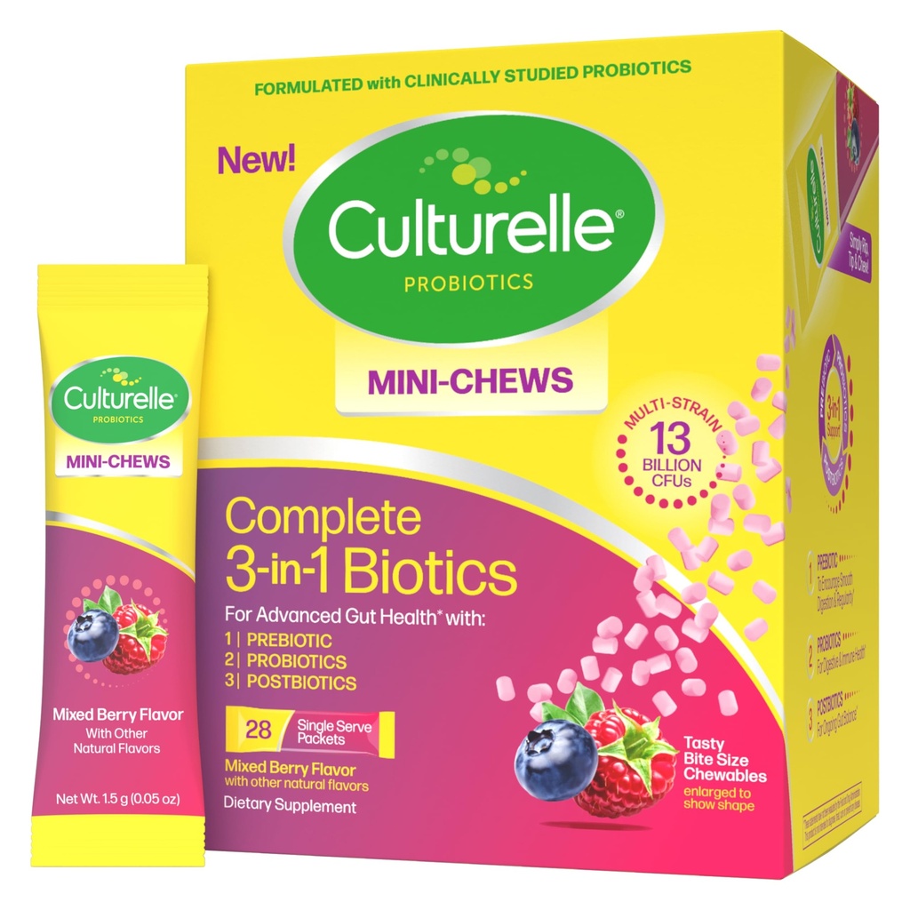 Culturelle® Complete 3-in-1 Biotics Mini-Chews Daily Probiotic for Digestive Health with Prebiotics and Postbiotics for Gut Balance, Mixed Berry Flavor, 28 Count