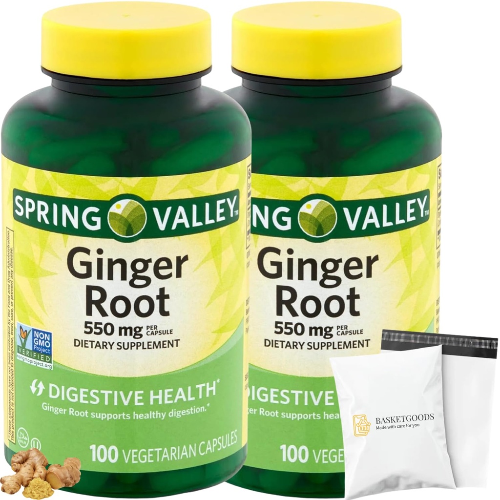 Spring Valley Ginger Root 550mg, Dietary Supplement Capsules, Digestive Health, 100 Count per Bottle (Pack of 2), Set with Basket Goods Store Polybag (1)