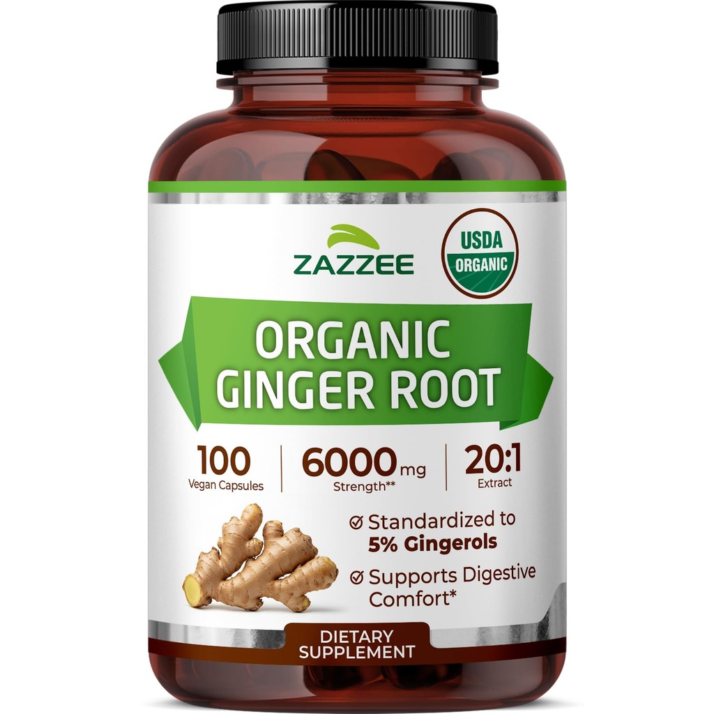 Zazzee USDA Ginger Root 20:1 Extrait, 5% Gingerols, 100 Capsules Vegan, 3+ mois d'approvisionnement, Zingiber Officinale, Digestive & Stomach Support, All-Natural, Non-GMO, Fabriqué aux États-Unis