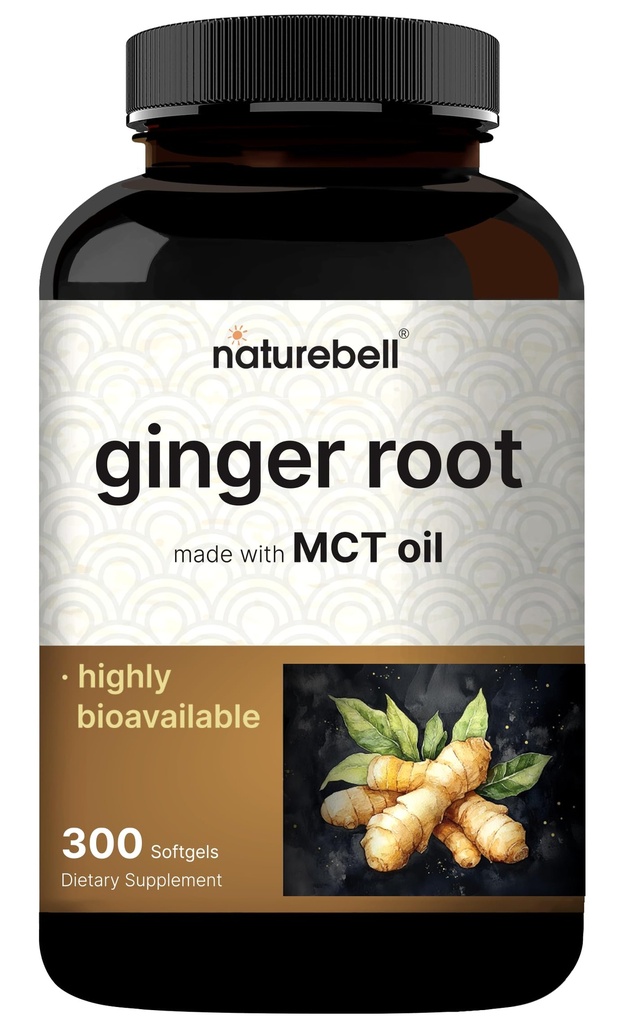 Estratto di radice di zenzero di NatureBell con olio di MCT – 300 Softgels | Supplemento di zenzero per uso quotidiano | Alimentazione di 5 mesi | Non OGM, Gluten Free