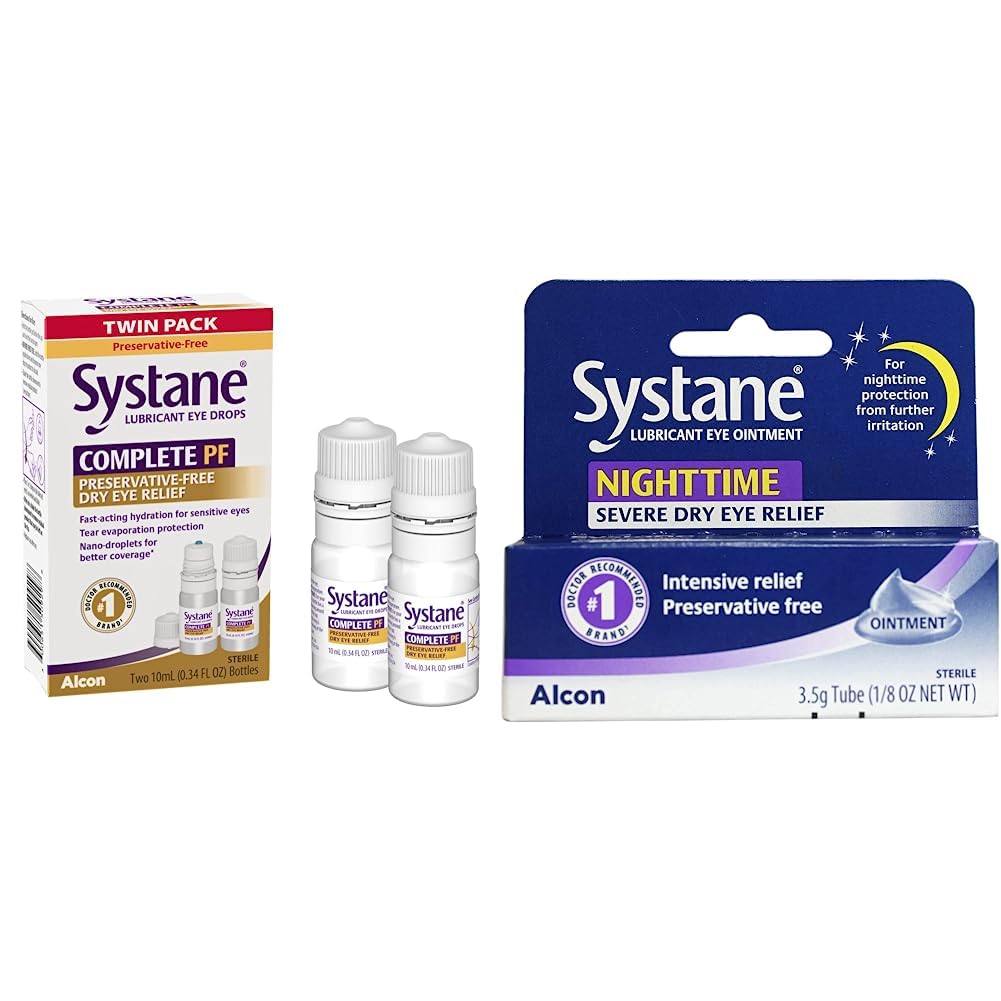 Systane COMPLETE PF Multi-Dosis Konservierungsmittel Freie trockene Augentropfen 20ml(Pack mit 2 – 10mL Flaschen) (Verpackung kann variieren) und Systane Nachtschmiermittel Augensalbe 3,5g Tube Bundle