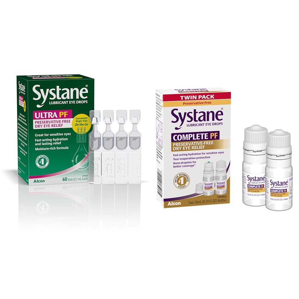Systane Ultra-Schmiermittel Augentropfen, 60 Count (Pack von 1), (Packaging Mai variieren) & Komplette PF Multi-Dosis Konservierungsmittel Freie Trockene Augentropfen 20ml (Pack von 2 - 10mL Flaschen) (Packaging Mai variieren)