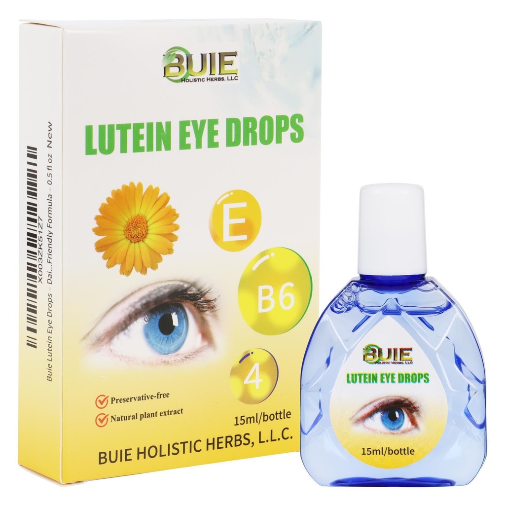 BUIE Lutein Eye Care Drops - Tägliche Hydration & Komfort für müde Augen - Botanische Mischung mit Lutein, Vitamin B6, Geißblatt & Chrysanthemum - Konservierungsmittelfrei, Linsenfreundliche Formel - 0,5 fl oz