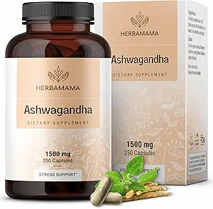 HERBAMAMAMA Ashwagandha Capsule - 1500mg Pure Ashwagandha Root for Relaxation & Mood Support - Vegan, Non OGM Focus & Calming Supplement for Adults, 250 Caps