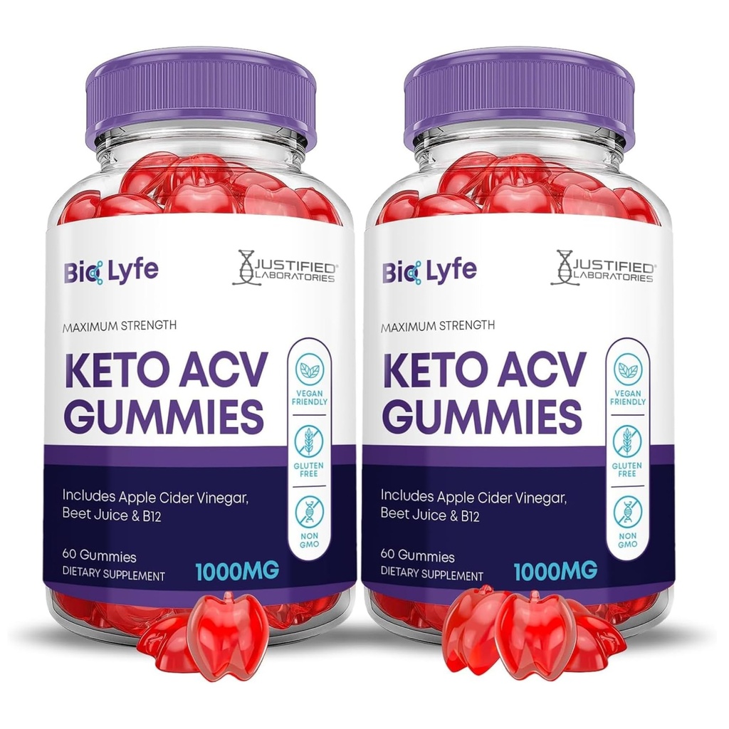 Justified Laboratories Bio Lyfe Keto ACV Gummies (1000 mg) - 60 Count, Pack of 2 - Formulated with Apple Cider Vinegar, Folate & Vitamin B12 - Non-GMO, Vegan, Gluten Free - 60 Servings