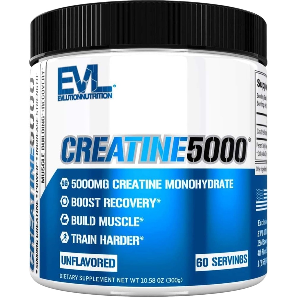 Evlution Nutrition Creatine 5000 - Supporta il recupero più veloce, la crescita muscolare magra e le prestazioni - Pre & Post Workout Powder - 5000mg Pure Creatine Monohydrate Per Serving - 60 Serve - Unflavored