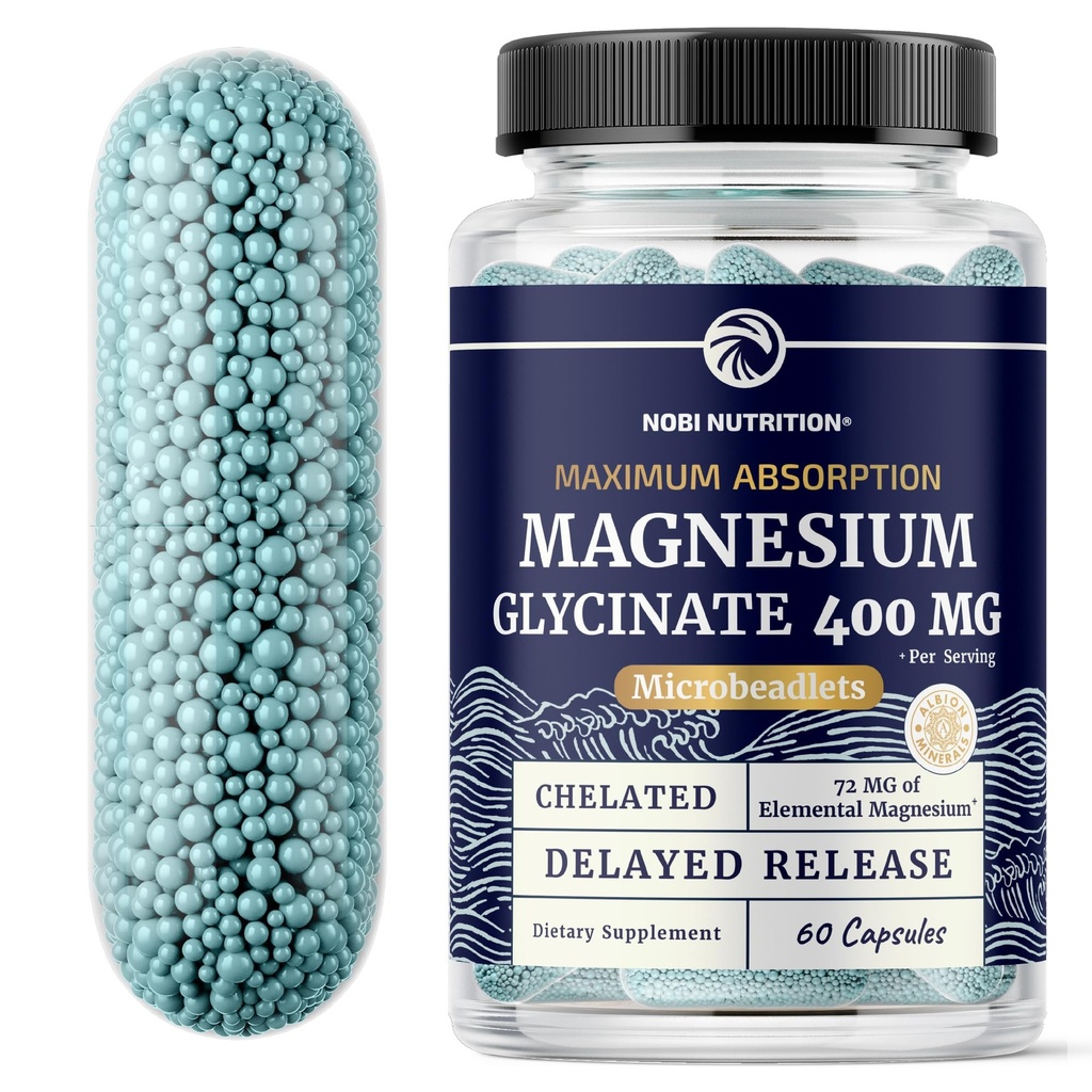 Magnesium Glycinate 400mg | Hohe Absorption Magnesium für Schlaf, Beruhigung, Muskelentspannung, Herz, Knochen & Nerve Unterstützung für Frauen und Männer | Advanced Microbeadlets | Chelat Mag Glycinate | 60 Ct.