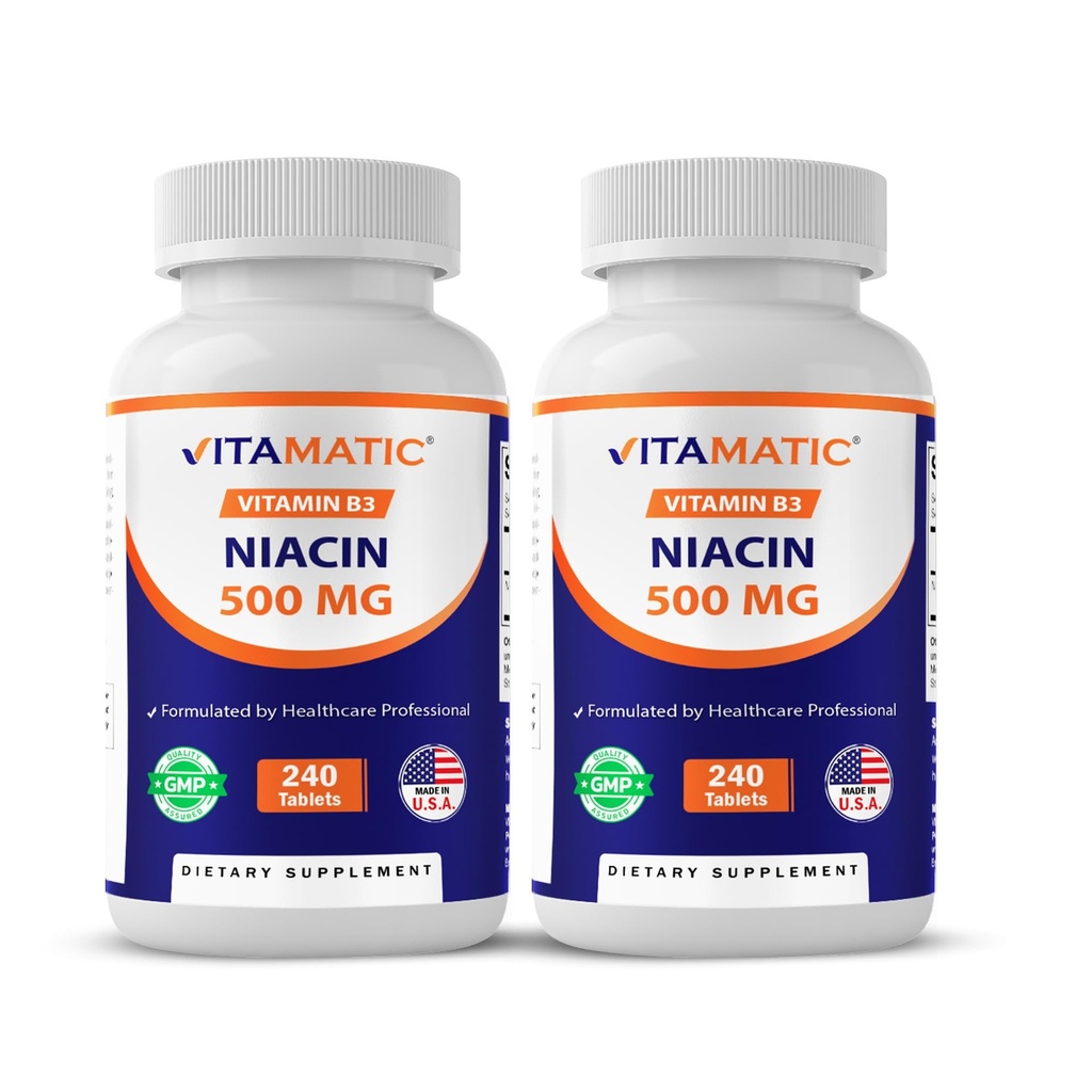 Vitamatic Niacin (Vitamin B3) 500mg, 240 Tabletten - Nicht-GVO & Gluten-frei - 480 Tabletten (Paket von 2)