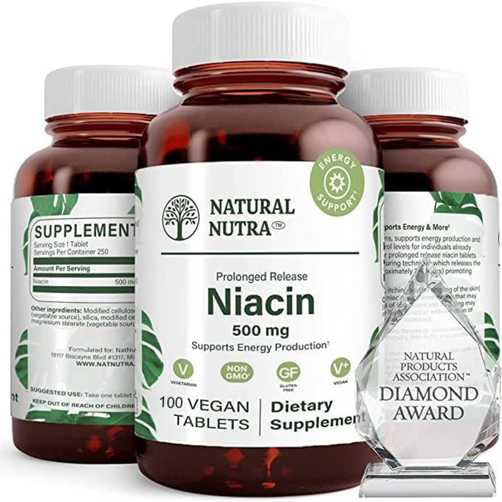 Natural Nutra Time-Release Slow Niacin 500mg (Vitamina B3), Support Energy Production, promuove la salute cardiovascolare, promuove la salute della pelle e la funzione percettiva, 100 compresse vegane e vegetariane
