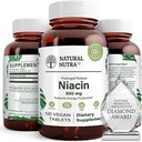 Natural Nutra Time-Release Slow Niacin 500mg (Vitamine B3), Soutien à la production d'énergie, Promotion de la santé cardiovasculaire, Promotion de la santé de la peau et de la fonction perceptuelle, 100 comprimés végétaliens et végétariens
