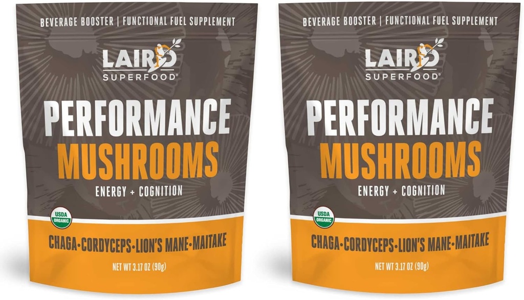 Laird Superfood Organic Performance Mushroom Blend with Chaga, Cordyceps, Lion's Mane e Maitake for Energy and Cognition, 3.17 oz. Borsa, Confezione da 2