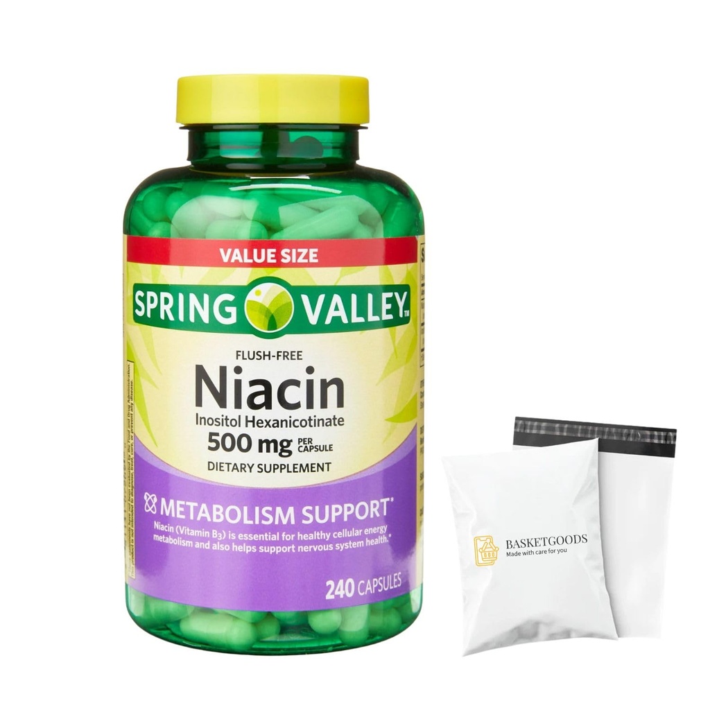 Spring Valley Vitamin B3 Niacin 500mg Flush Free Kapseln, Nahrungsergänzungsmittel 240 Pillen (Paket von 1) - Set von Korbwaren