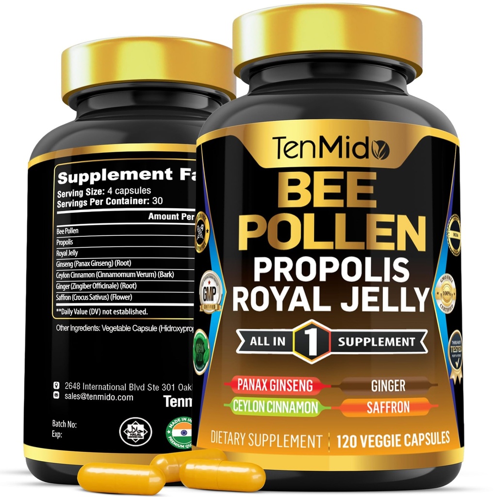 Bienenpollen Kapseln Ergänzung - 7in1 Formel - Kombinieren Sie mit Propolis, Gelée Royal, Panax Ginseng, Ceylon-Zimt, Ingwer und Safran - Verdauungsgesundheit, Immununterstützung - 120 Kapseln
