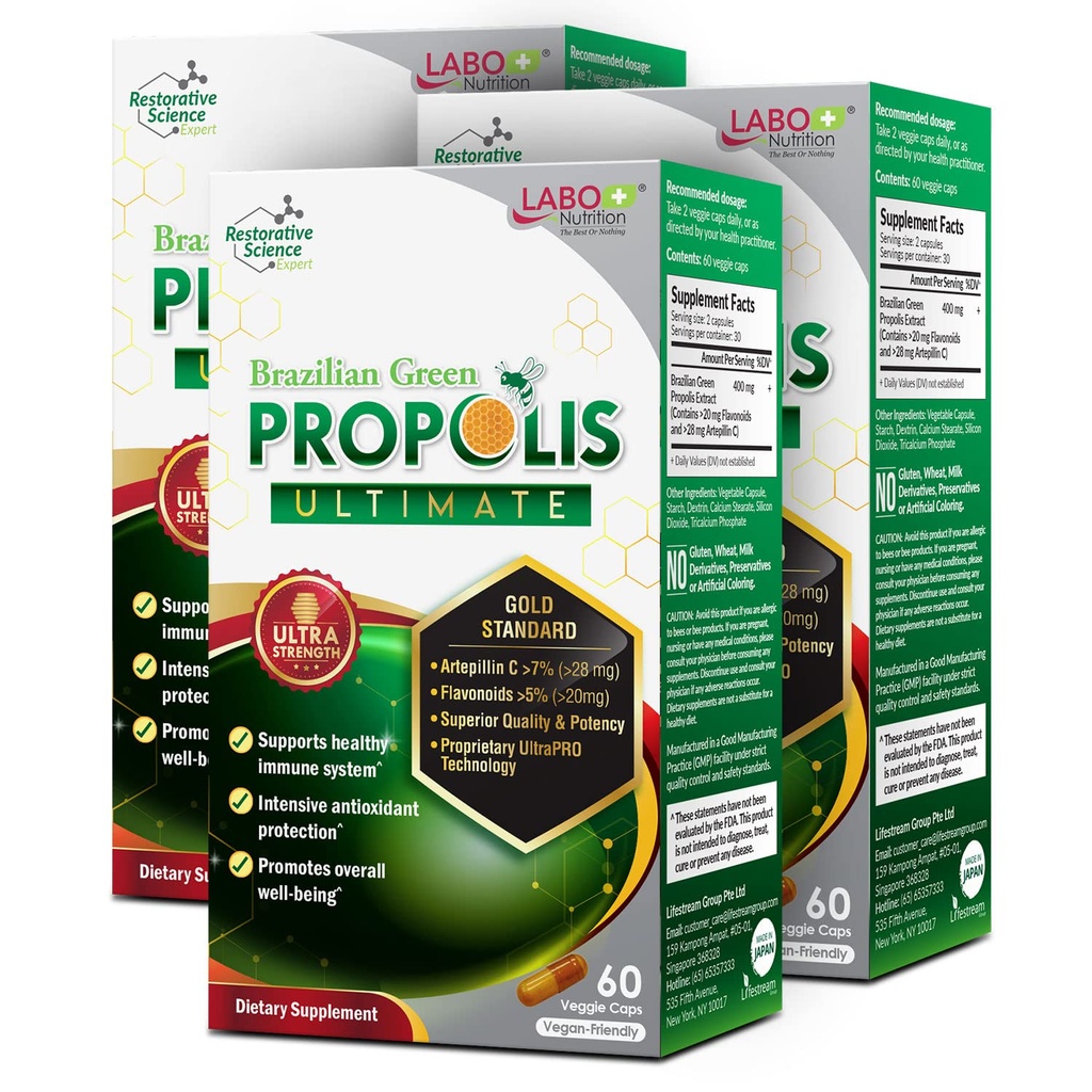 LABO Nutrition Brazilian Green Propolis Ultimate - Propolis-Extrakt mit 28 mg Artepillin C und 5% Flavonoide natürliche Bienenergänzung für das Immunsystem, Gehirn Unterstützung Hochkonzentrat Propolis, 60 Veg Capsx3