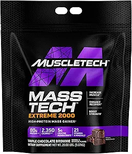 MuscleTech Mass Gainer Protein Powder, Mass-Tech Extreme 2000, Muscle Builder Whey Protein Powder, Protein + Créatine + Carbes, Max-Protein Weight Gainer pour les femmes et les hommes, Triple Chocolat, 20 lbs