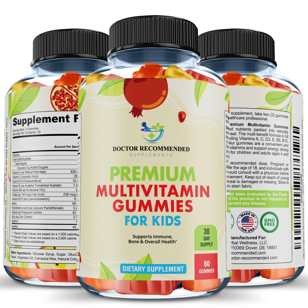 Premium Multivitaminici per bambini e bambini - Chewable Essential Vitamine giornaliere A, C, D3, E, B6, B12, Biotin - No High-Fructose-Corn-Syrup o Dolci artificiali - 60 Gummies, 30-Day Supply