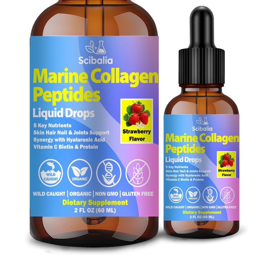 Marine Collagen Peptide Liquid Drops, Hydrolysed Multi Typ I & III Collagen w. Hyaluronsäure Biotin Vitamin C für Joint, Haut, Haar & Nagel, Liquid Marine Collagen High Absorption für Frauen Männer