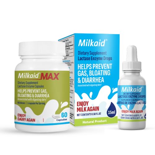 Milkaid Laktase-Enzym fällt für Laktose-Intoleranz & Max Laktase-Enzym-Kapseln | Fast Acting Dairy Digestive Supplement | Verhindern Sie Gas & Blähungen | 0.50 FL.OZ. & 60 Kapseln 9000 ALU