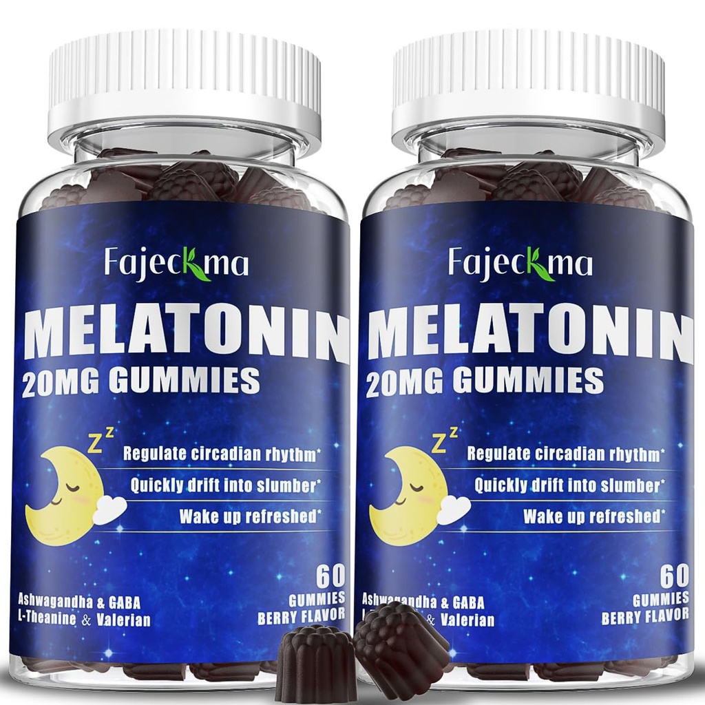 Natural Melatonin 20mg Gummies for Adults: Sugar Free Chewable Supplement with Magnesium Ashwagandha L-Theanine GABA Valerian Root Vitamin B12 Gummy - for Women Men Deep Zzz Immune Support(120Count)
