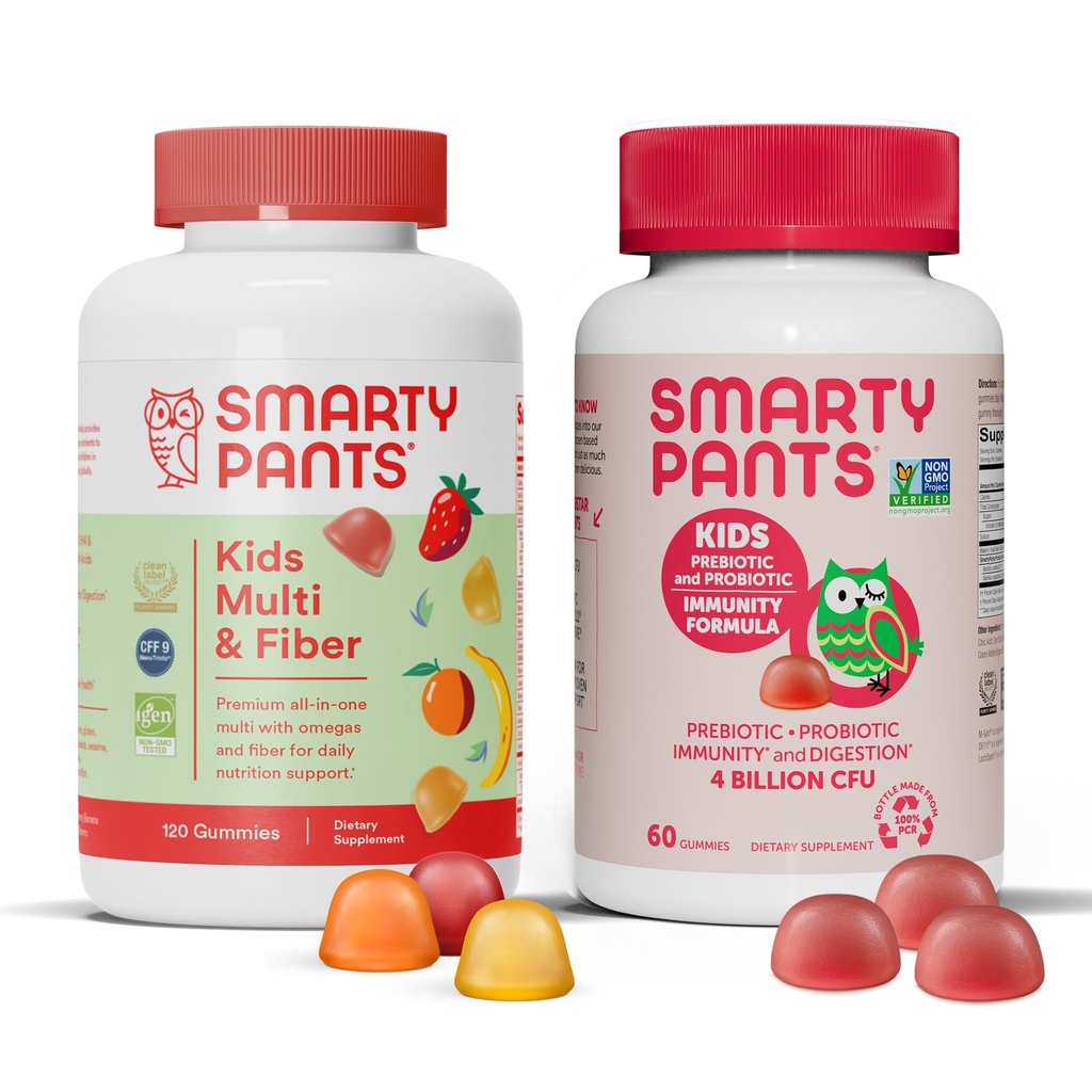 SmartyPants Supplément de fibre multivitamine pour enfants Gummies and Probiotic Immunity Bundle: Omega 3 Huile de poisson (EPA/DHA), Vitamine D3, C, Vitamine B12, B6, Supplément de soutien digestif et immunitaire (30 jours)