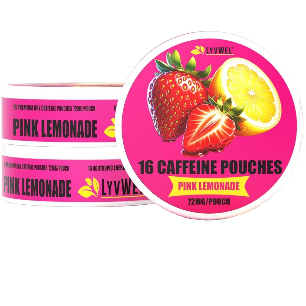 LyvWel 72mg Caffeine Energy Pouches | Nootropic Focus & Neuro Support | 3-Pack with 16 Pouches Per Can | Tobacco-Free, Nicotine-Free, Quick Energy Solution (3 Pack, Pink Lemonade)