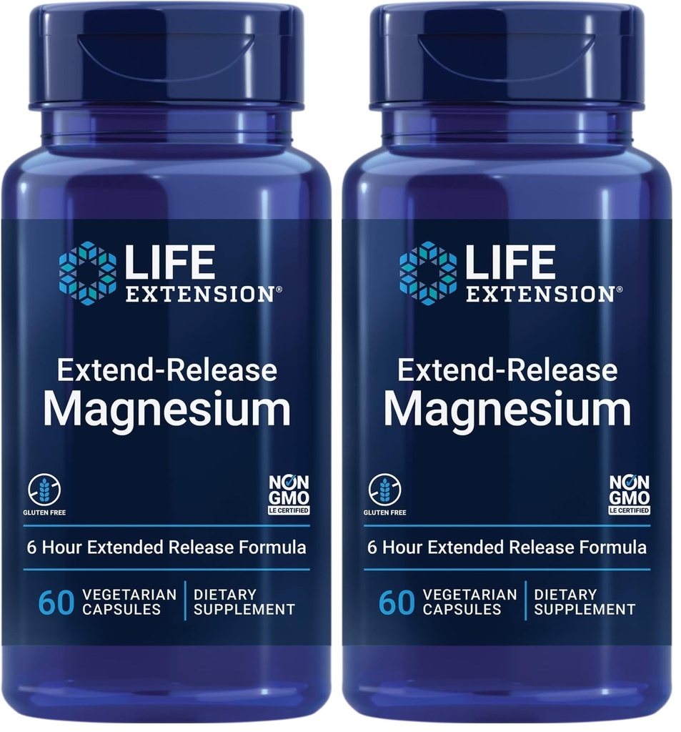 Prolongation de la durée de vie Extend-Release Magnésium, soutien prolongé du coeur et des os, soins de santé cardio-vasculaires et de la pression artérielle, formule biodisponible, sans gluten, non-OGM, Végétarien,60 Capsules,(Pack of 2)