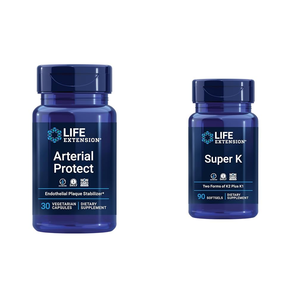 Life Extension Arterial Protect Blutdruckunterstützung mit Gotu Kola & Pycnogenol Pine Bark Extrakte Bundle mit Super K Vitamin K1 K2 MK-7 MK-4 Vitamin C Knochen & Arterial Health