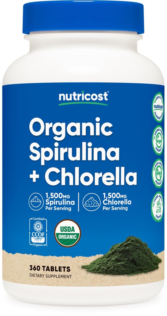 Nutricost Spiruline biologique + Chlorella (3 000 mg) 360 comprimés - USDA Organic, 1 500 mg Spiruline, 1 500 mg Chlorella, végétalien, sans OGM, sans gluten, 60 portions