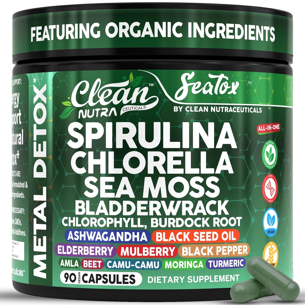 Sea Tox Organic Spirulina und Chlorella Kapseln Natural Cleansing & Nourishment Sea Moss Bladderwrack Chlorophyll Burdock Wurzel Ashwagandha Turmeric 90 Vegan Black Seed Oil Kapseln von Clean Nutra
