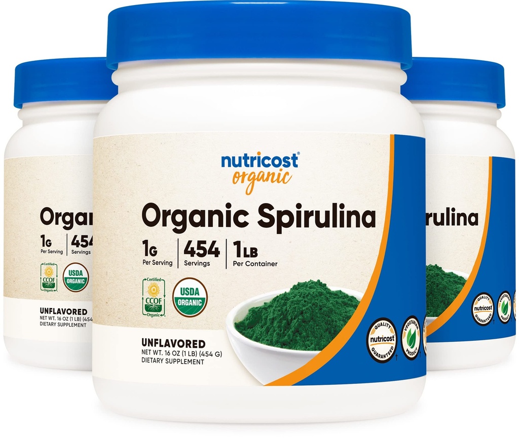 Nutricost Organic Spirulina Powder Unflavored, 1LB Container für 454 Portionen (3 Flaschen) - Vegan, GVO-frei und glutenfrei