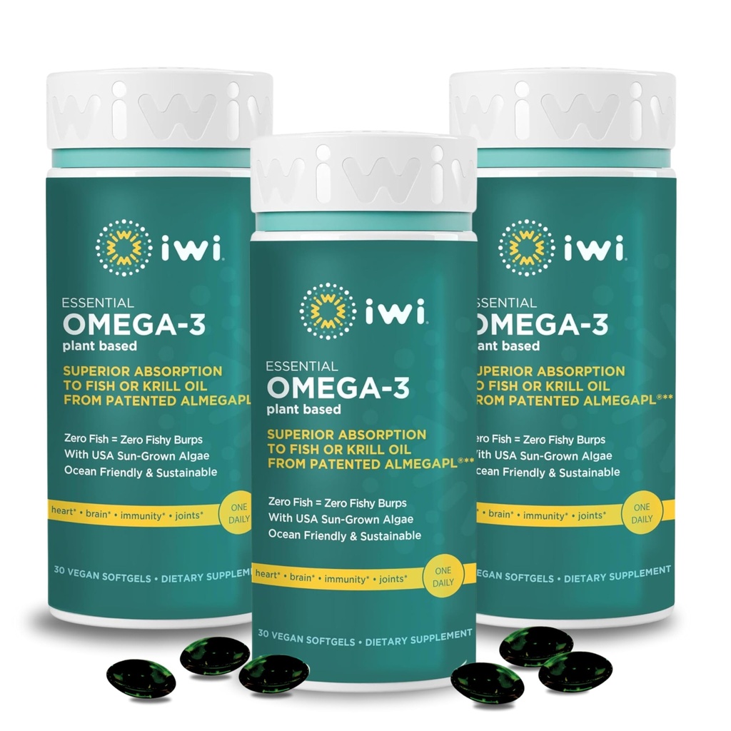 Iwi Omega-3 Essential, 90 Softgels (90 Serve), Algae Omega 3 a base vegetale con EPA + DHA, Cervello, Cuore e supporto immunitario Integratore alimentare, Krill & Fish Oil Alternative, No Fishy Aftertaste