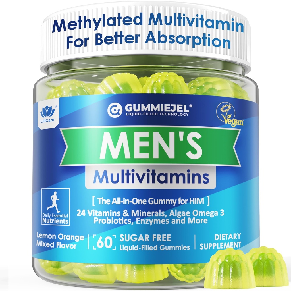 Mens Multivitaminici Gummies, Multivitaminico etilato per gli uomini, B Complex, Minerali, Vegan Omega 3, Probiotico, Enzima, Antiossidanti per il supporto quotidiano completo degli uomini, Sugar Free, Vegan (No Iron) 60 Conte