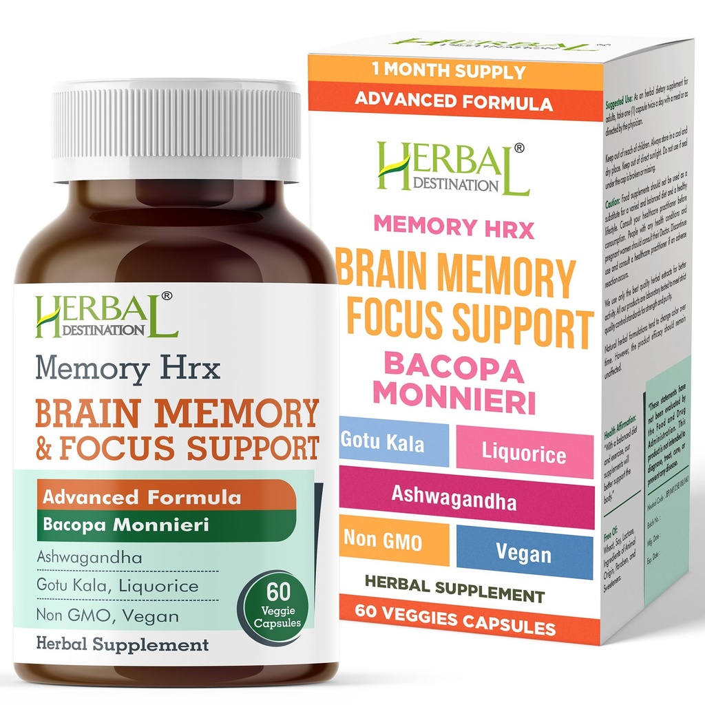 Memoria Hrx - Supporto Integratore Del Cervello Funzione Cognitiva Migliora Memoria e Focus, Vitamine del Cervello e Supplemento Cognitivo, Latticini senza glutine Free - 60 Capsule Vegetariani