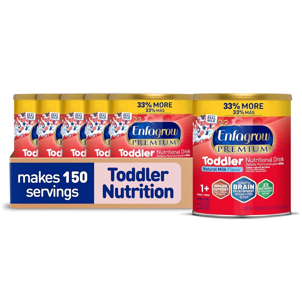 Enfagrow PREMIUM Kleinkind Nutritional Drink, Made with Real Milk, Brain-Building Omega-3 DHA, Nährstoffe und Präbiotika für Wachstum und Immununterstützung, Non-GMO, Kleinkind Milchpulver, 32 Oz Can, 6 Count