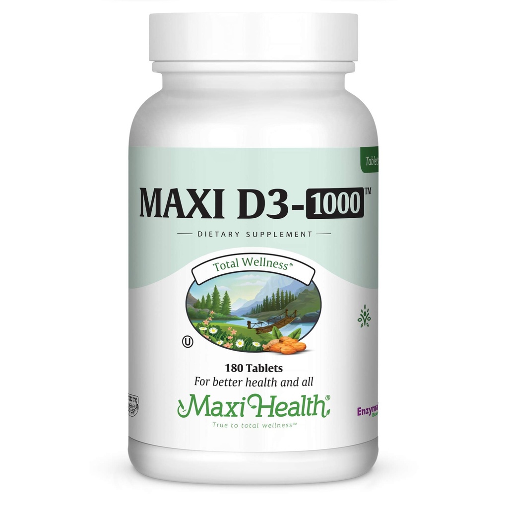 Maxi Health Vitamine D3 1000 UI complément alimentaire - Facile à avaler - Sans odeur et sans goût - soutient l'absorption de calcium, la santé immunitaire et la santé osseuse chez les femmes et les hommes adultes - 180 comprimés