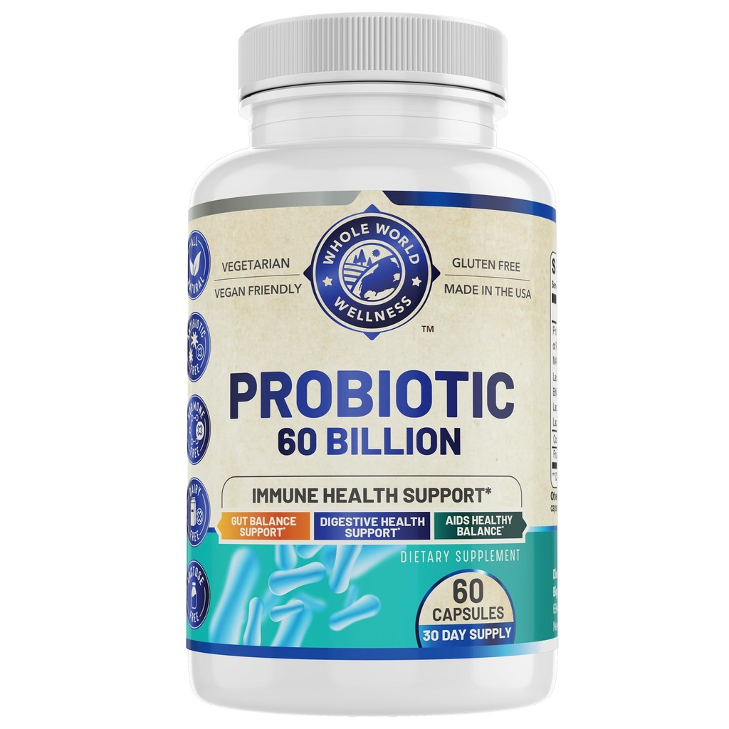 Probiotic 60 Billion CFU/g | Immune, Digestive & Gut Health Support | Unterstützt Verstopfung, Gas & Bloating | All Natural, Dairy Free, Soy Free | 60 Kapseln | Made in USA.