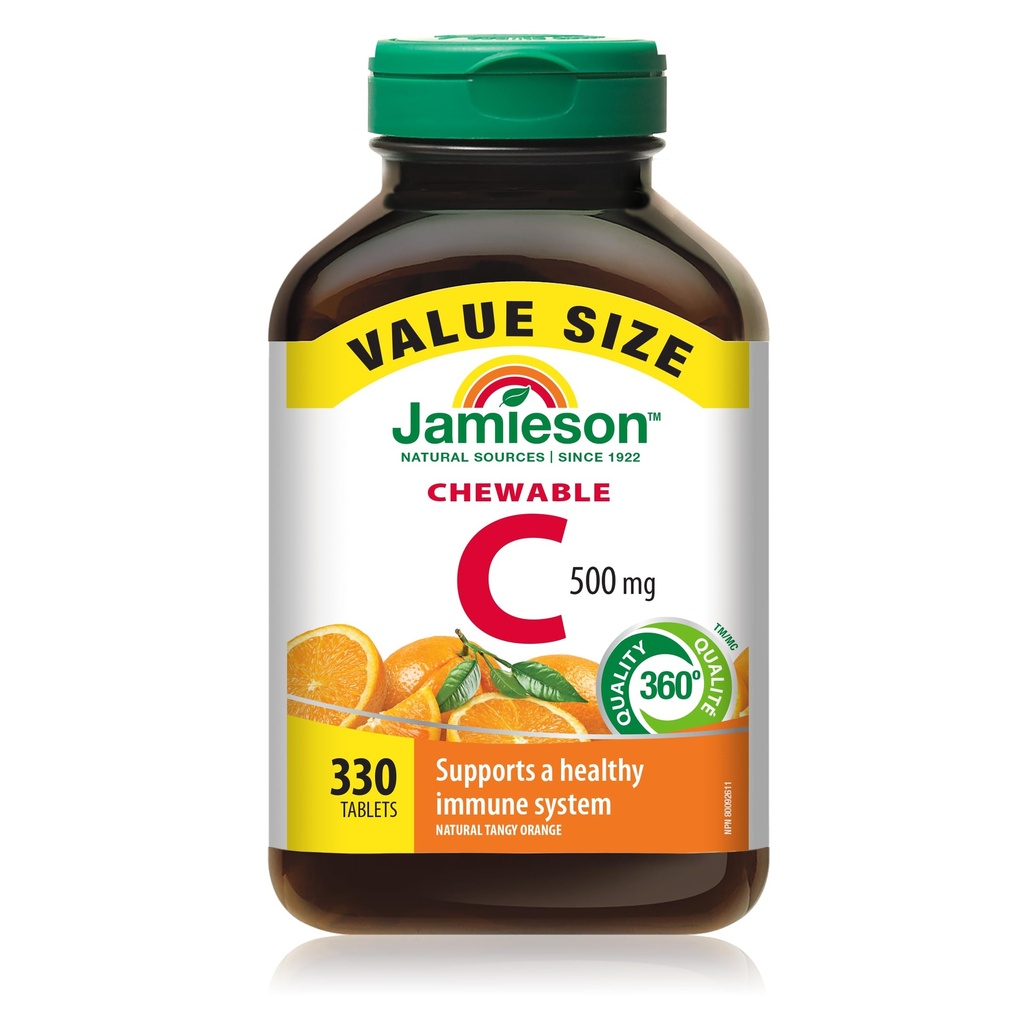 Jamieson Chewable Vitamin-C 500mg Value Supplement Pack(330 Count), Tangy Orange, (Importato dal Canada)