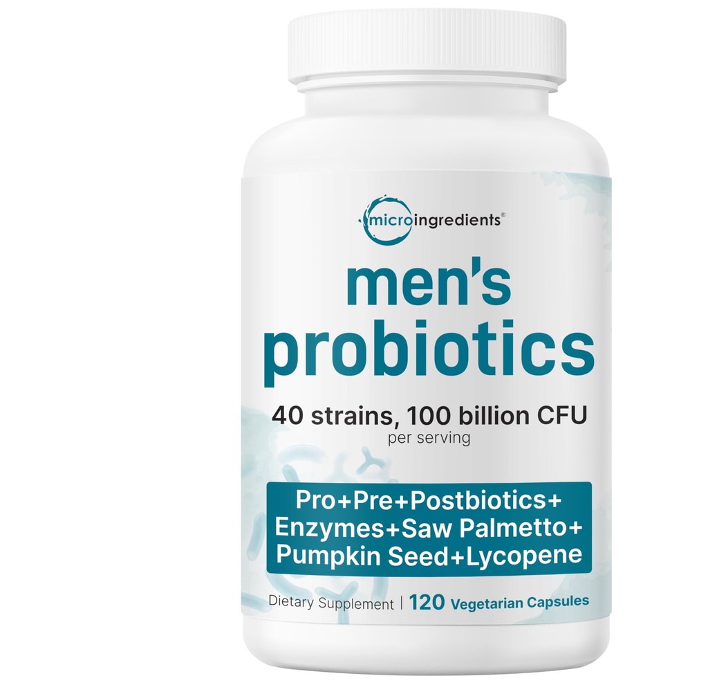 Micro Ingredients Probiotika für Männer 100 Milliarden CFU, 40 Stämme, 120 Vegetarische Kapseln | Pre, Probiotika, Postbiotika & Enzyme | Pre, Probiotika, Enzyme, Sägepalme, Kürbissamen & Lycopin