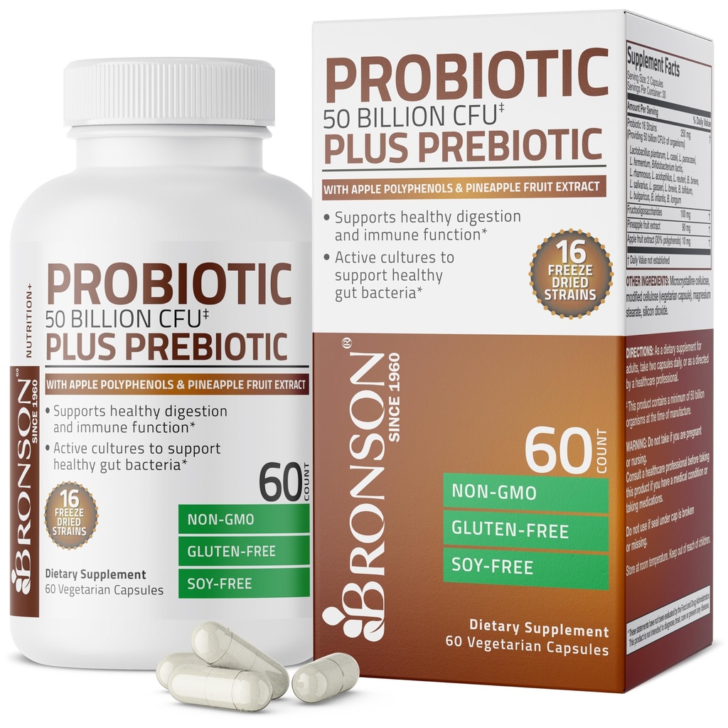 Bronson Probiotique 50 milliards CFU + Prébiotique avec des polyphénols de pomme et extrait de fruits d'ananas pour les femmes et les hommes non OGM, 60 capsules végétariennes