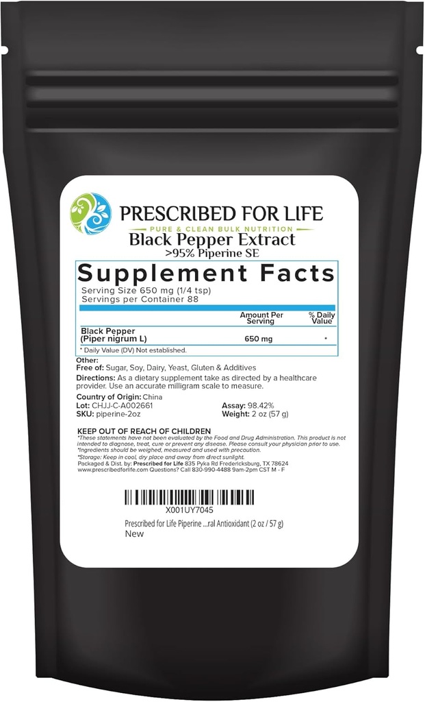 Prescritto per la polvere di piperina di vita, 95% polvere di estratto di pepe nero, aumenta l'assorbimento nutriente, senza glutine, vegano, non OGM, antiossidante naturale (2oz / 56g)