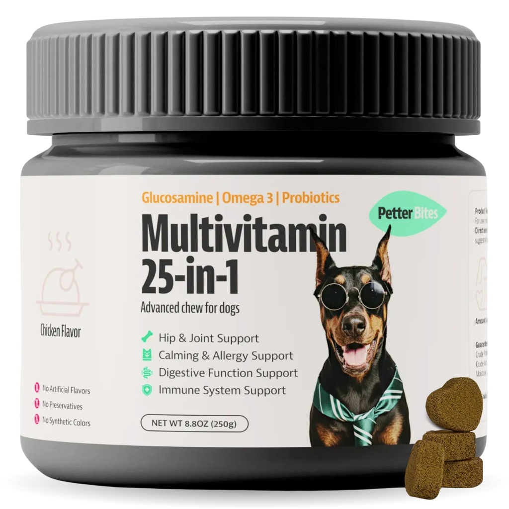 25-in-1 Cane Multivitamina con Omega 3, Glucosamina, Probiotici - Vitamine e Supplementi per Hip & Joint, Calma, Allergy Relief, Digestivo & Supporto Immune - 100 Cuciture Morbide, 250g