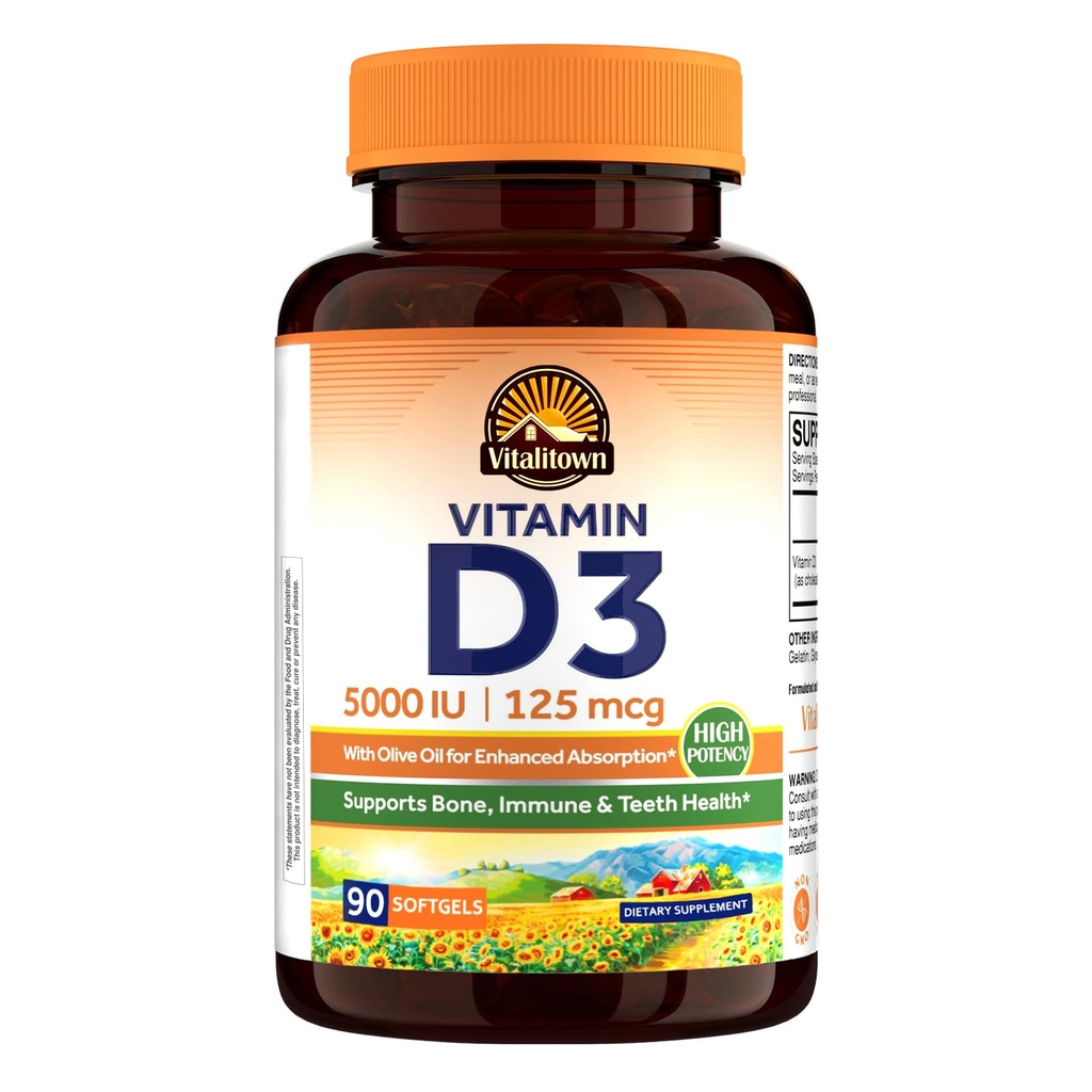 Vitalitown Vitamina D3 125 mcg (5000 IU) Alta potenza per Bone, denti, cuore e sostegno della salute immunitaria, olio d'oliva basato, non OGM e senza glutine, 90 Softgels