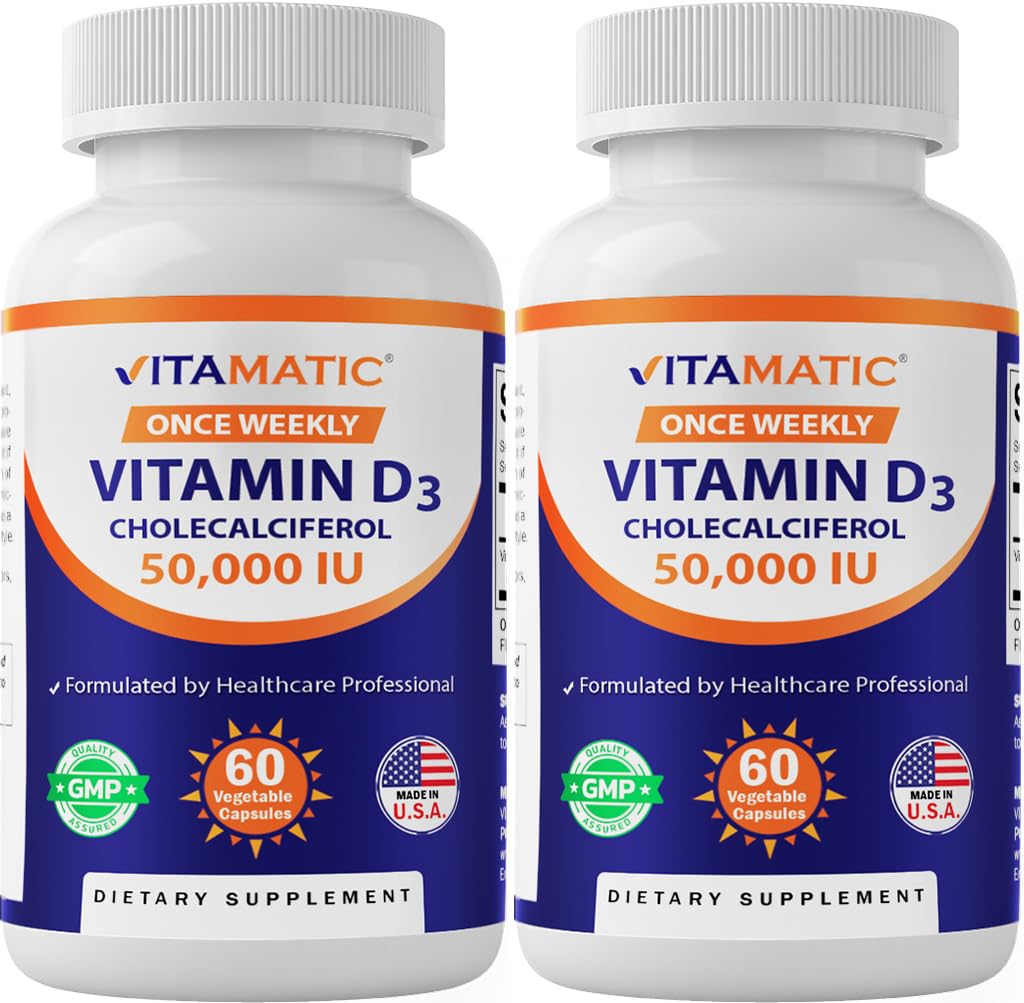 Vitamatic 2 Confezione Vitamina D3 50.000 UI (come Cholecalciferol), Una volta Dose settimanale, 1250 mcg, 60 capsule vegetali 1 anno di alimentazione, Formula progressiva che aiuta le carenze della vitamina D (Totale 120 capsule di Veg)
