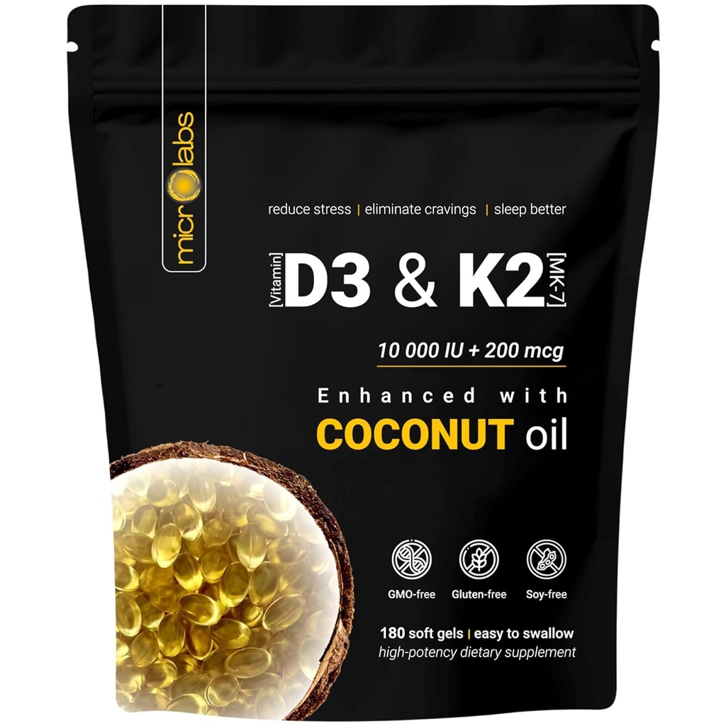 microlabsTM Extra Strength D3 K2 Vitamin 10.000 IE Softgels mit Kokosnussöl – Vitamin d3 k2 Kombinierte Ergänzung für Knochen-, Immun- und Herzunterstützung – 180 Softgels
