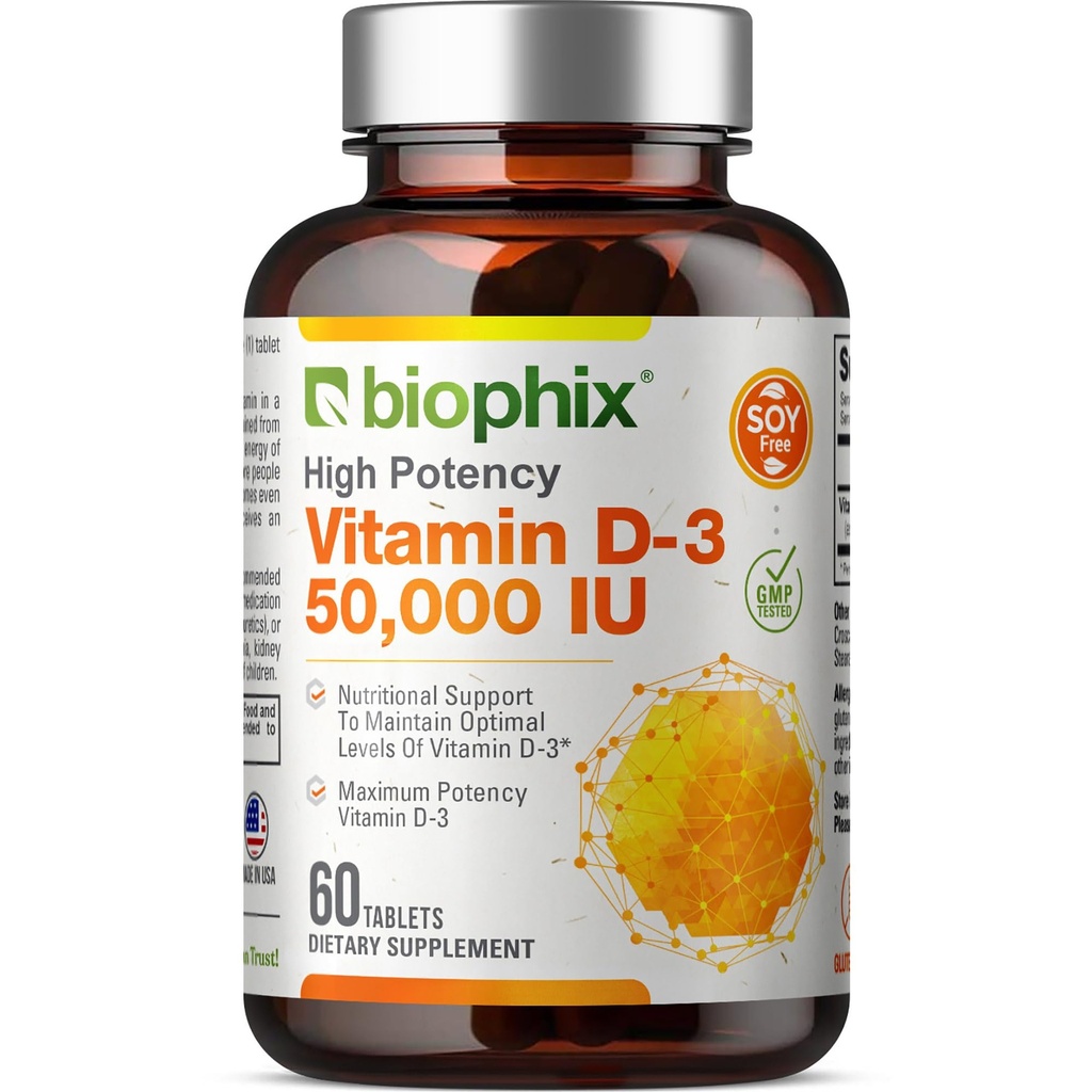 Biophix Vitamin D-3 50000 IE 60 Tabletten - High-Potency unterstützt starke Knochen Immungesundheit