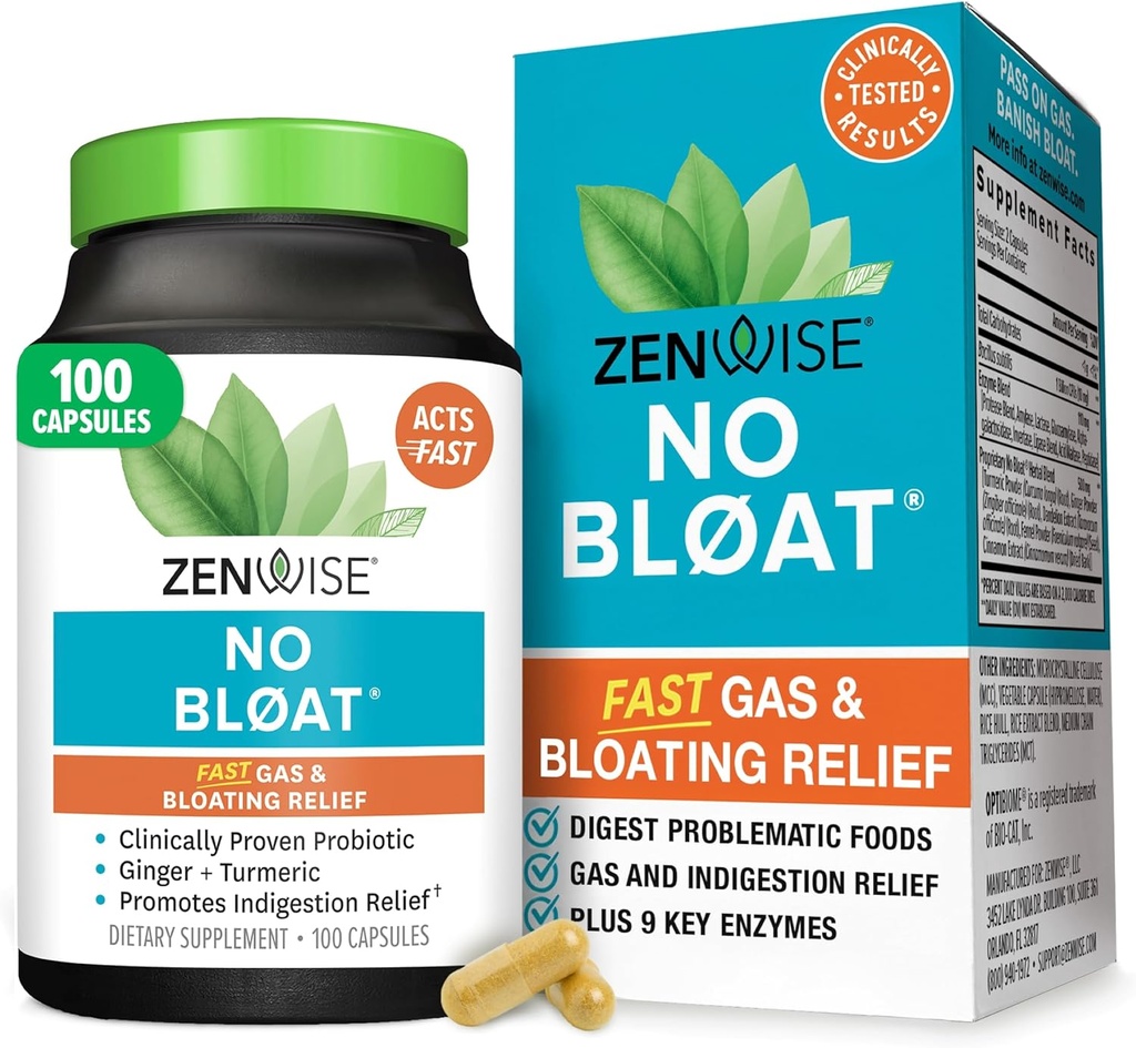 Zenwise Health No Bloat Digestive Enzymes for Gut Health, Gas & Bloating Relief - Multi Enzymes Digestion Supplement with Probiotics, Ginger, Turmeric Dandelion & Lactase - Men & Women - 100 Count